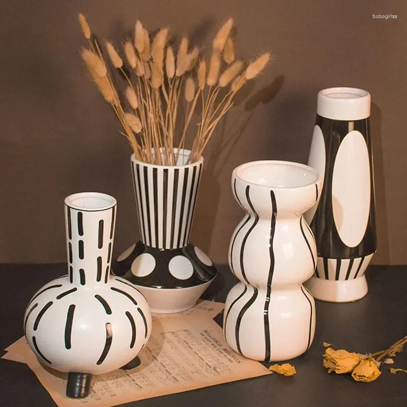 花瓶モダンなシンプルな黒と白の縞模様の花瓶の飾り北欧装飾ホームセラミッククラフトリビングルームデスクトップ
