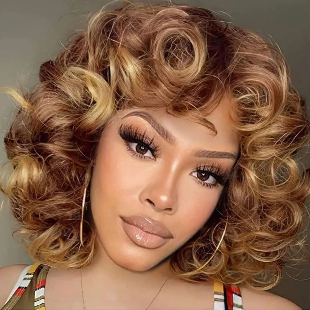 Short Kinky Curly Wigs with Bangs for Women Afro Curly Loose Wave Hair Wig Synthetic Ombre Dark Brown Big Bouncy Fluffy Wig