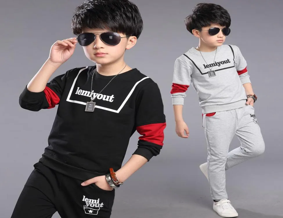 Мальчики наборы осенних спортивных костюмов Big Boys Alphabet Boys Kids Sets Black Grey Color 412 14 AGES Одежда для девочек 10 12 лет Y1905225989207