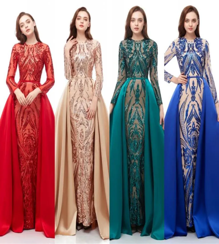 Aktuelles Bild Champagner rot blau dunkelgrüne Abschlussballkleider 2019 Spitzenpailletten Langarmes abnehmbarer Zug formelle Partykleid Abend 9751801