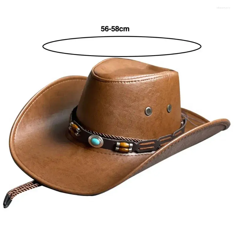 Bérets Hat de cowboy de faux cuir vintage avec décoration de ceinture ethnique pour hommes Robe de gentleman rétro