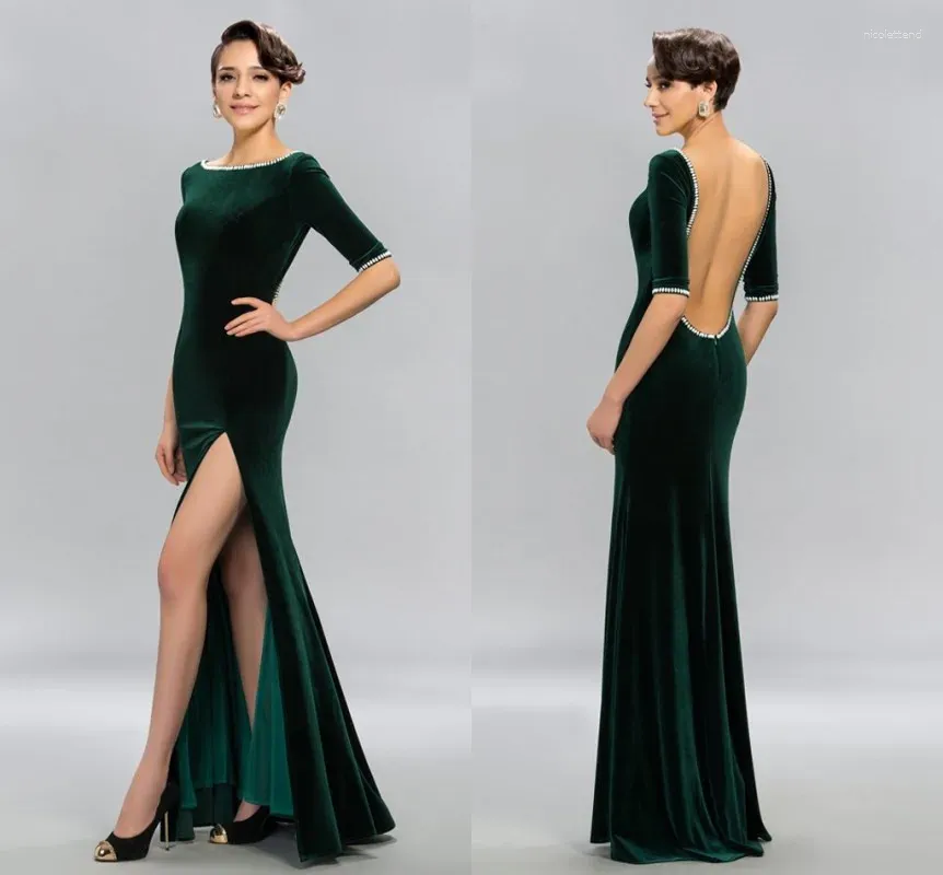 Robes de fête Green Slit Long Robe de bal 2024 Femmes Bateau Velvet Half manches perles de soirée Club Porte Robe de Soriee