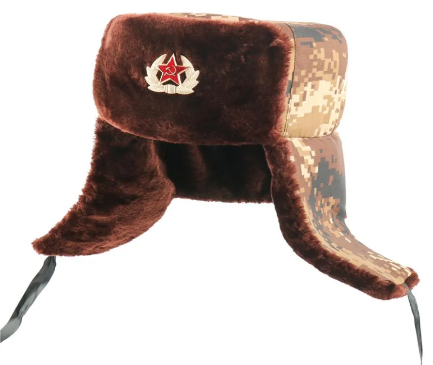 Hommes Trapper armée chapeau russe Ushanka Badge soviétique chapeaux Bomber Hiver Capo-oreillette thermique Caps de neige en fausse fourrure2807447