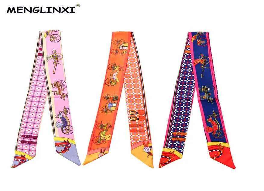 Menglinxi Bag Twillies Nya kvinnor Small Twill Silk Scarf Print Huvudbonad Handtag Bag Ribbon Long Scarves5482519