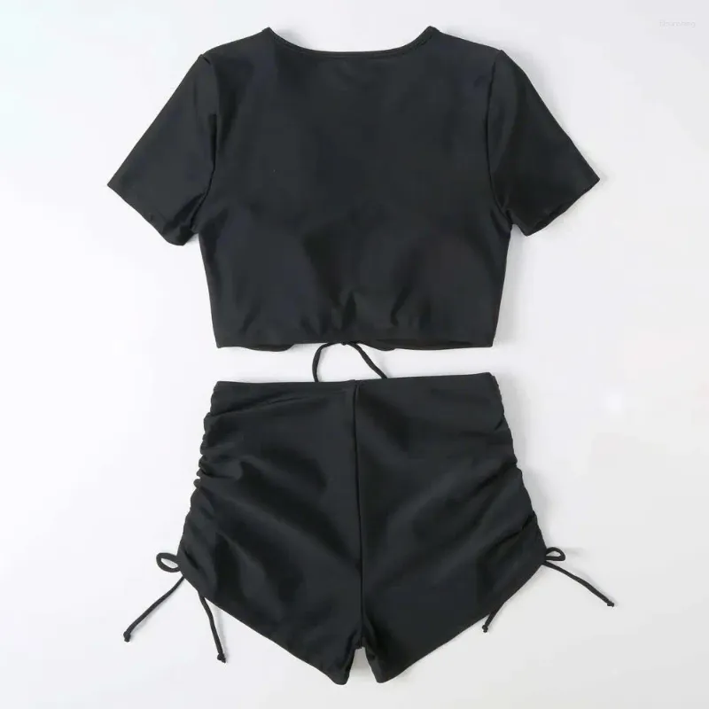 Dames badmode glad zwempak stijlvolle zomer bikini set met v-hals korte mouwen tops hoge taille trekkoord zwembroek voor strand