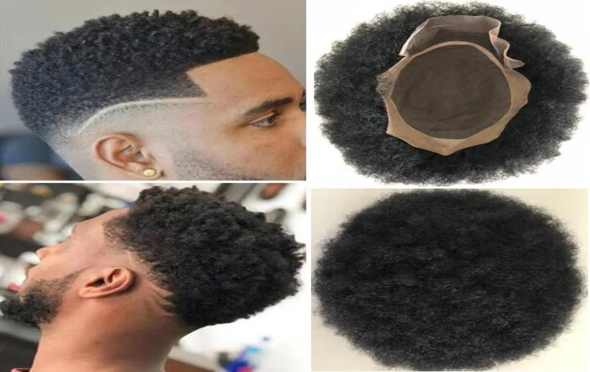 Men Hair System Wig Hairpieces Afro Curl Toupee Lace Front with Mono NPU Black 1 Brazilian Virgin Human Hair Replacement for Blac8430254