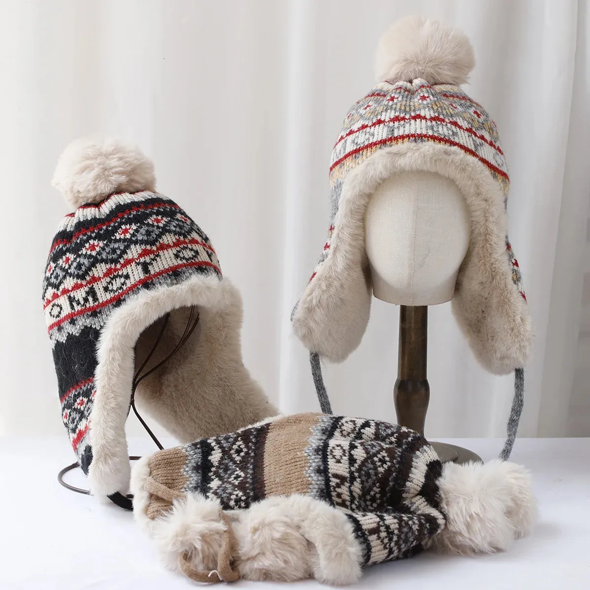 Women Khaki Solid Winter Peruvian Cover Ears Beanie Hat Ear Flaps Sherpa Snow Aloohaidyvio Winter Hats for Women and Men,Womens Winter Hat  main image 2