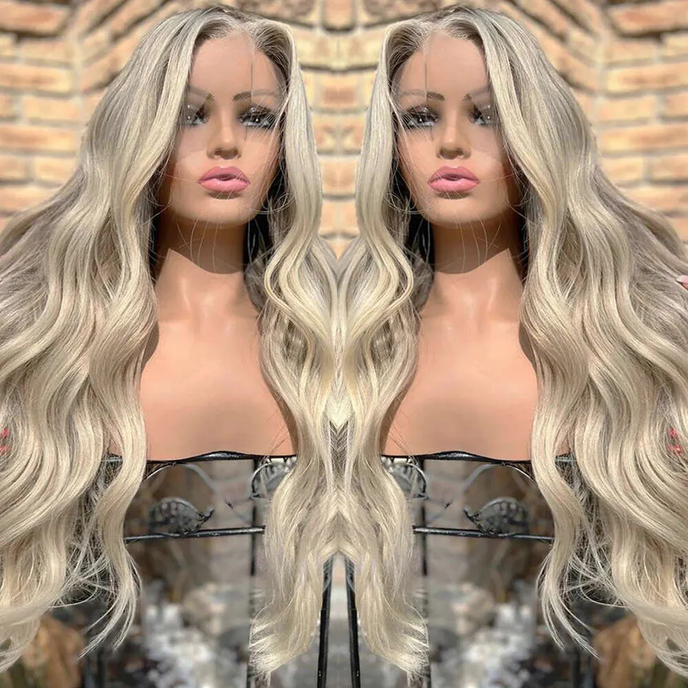 Rongduoyi Ombre Ash Blonde Wabe Want Synthetic Wig Hight Hartive Hairline Heat Fiber кружевные парик