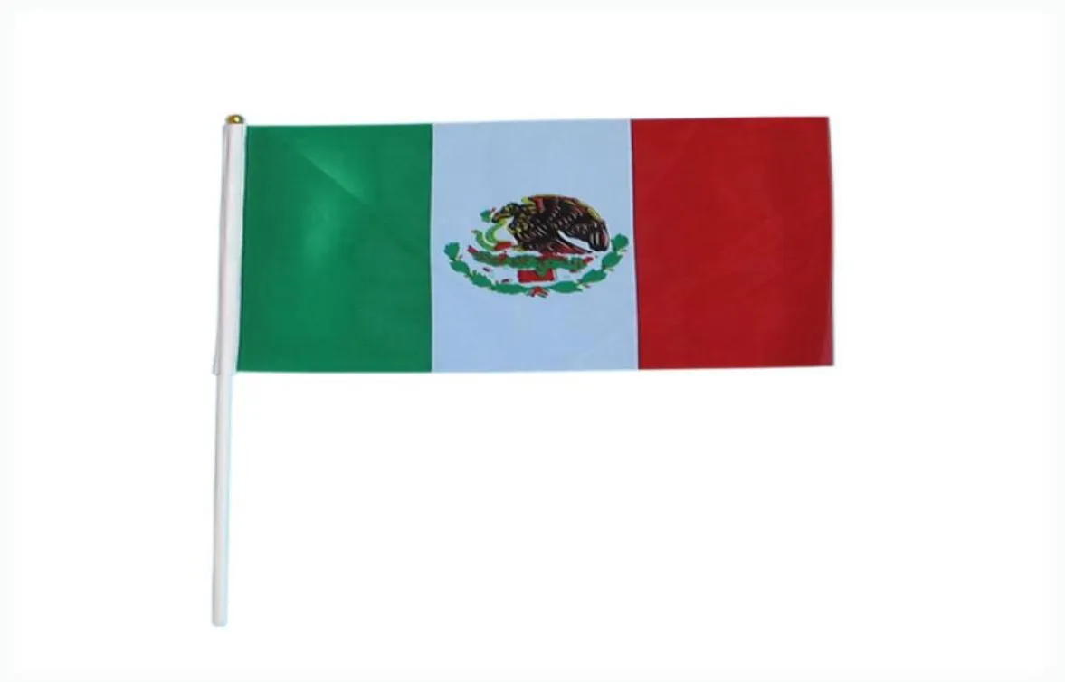 1421cmメキシコの旗は白いポールとゴールデンチップホールポリエステル良質の小さな国旗100pcslot3657190