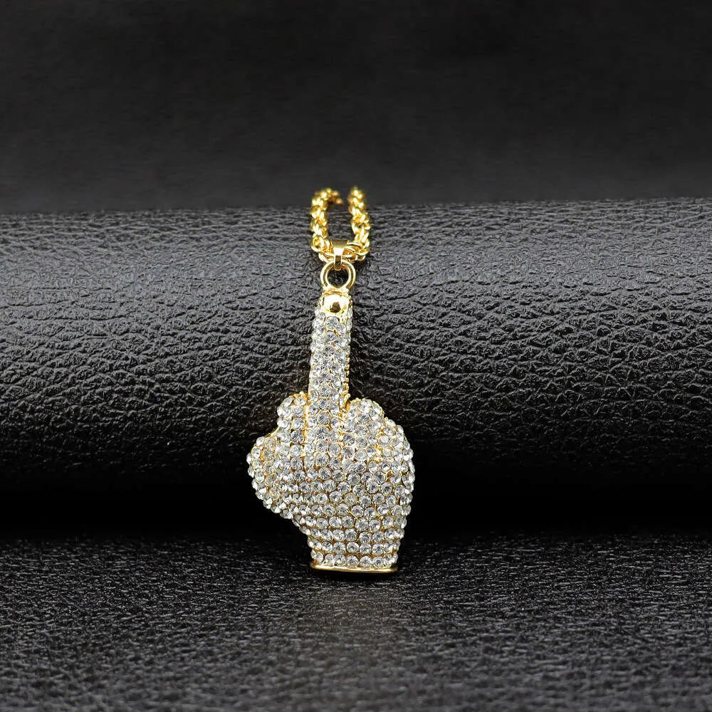 Vertical Middle Finger Diamond Pendant Necklace Mens Personality Trend Hip Hop Full Diamond