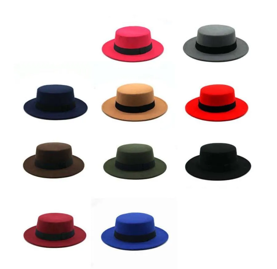 Winter Autumn Woolen Women Hat clásico de color sólido Color Fedoras Fedoras Femenina Femenina ancha Flat Top Jazz Cap2091201