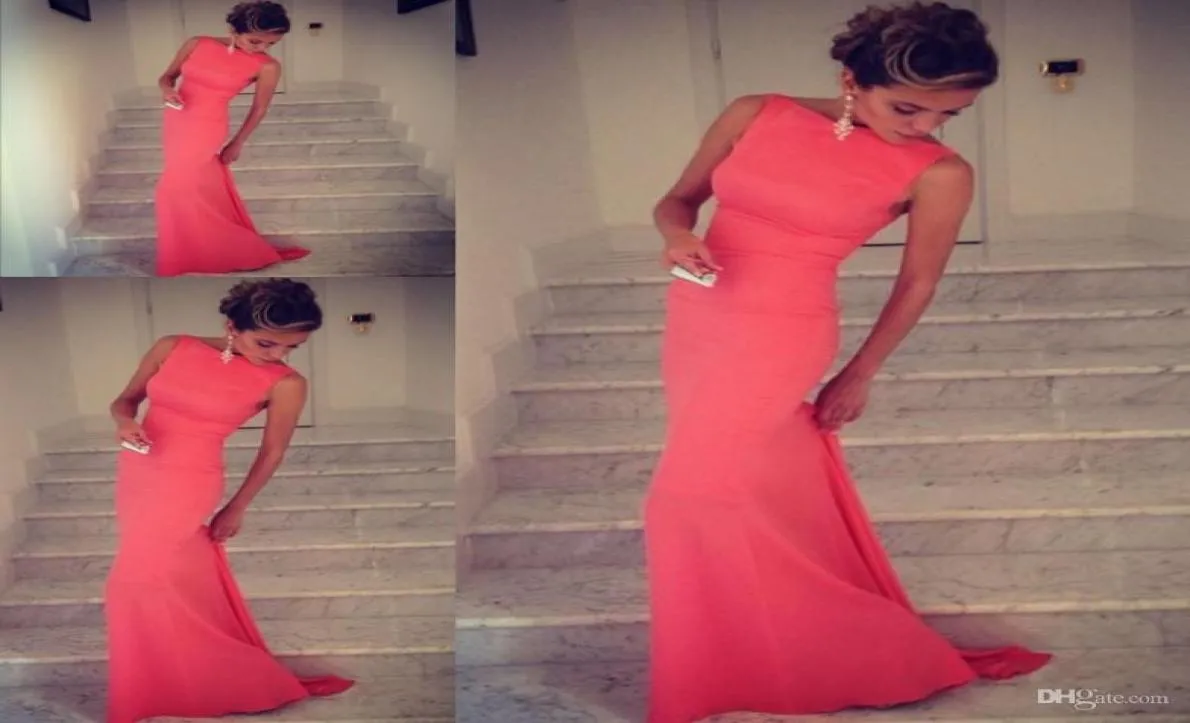 2017 Formfitting Sheath High Neck Formal Coral Evening Event Dress Firma Prom Long Vestidos de Noiva3861091