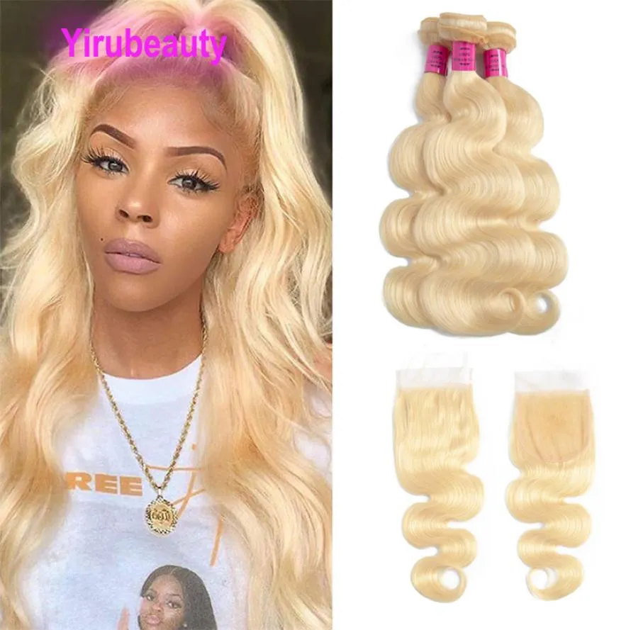 Braziliaanse maagdelijk Human Hair Extensions Blonde 3 bundels met 4x4 kanten sluiting Midden drie delen Body Wave 613 Color5960677