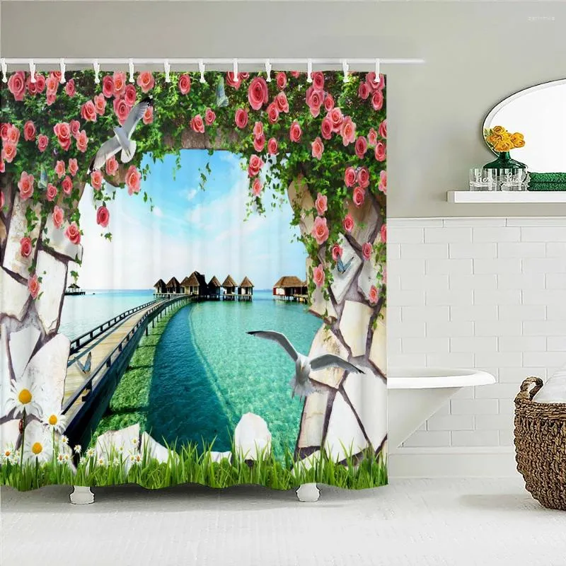 Rideaux de douche paysage imprimerie rideau salle de bain étanche étanche à l'oiseau de fleur de la mer décor de bain en mer avec crochets