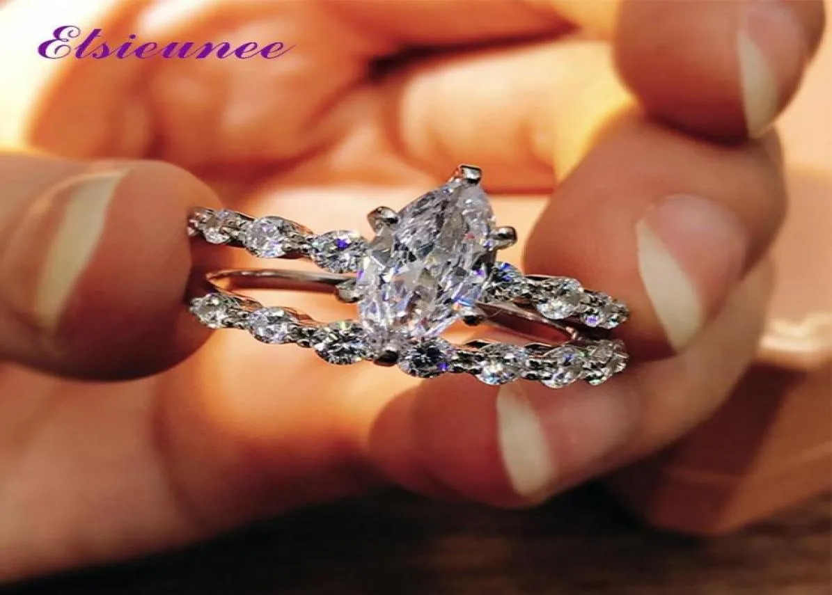 Cluster Rings ELSIEUNEE 100 925 Sterling Silver Marquise Simulated Moissanite Diamond Wedding Engagement Ring Bridal Sets Wholesa8936906
