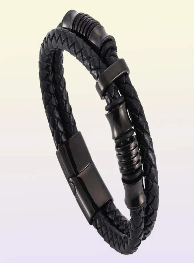 Dubbelvävda läderarmband för män Punk smycken svart rostfritt stål magnetiskt lås armbandsmode armband gåvor Bangle1334645