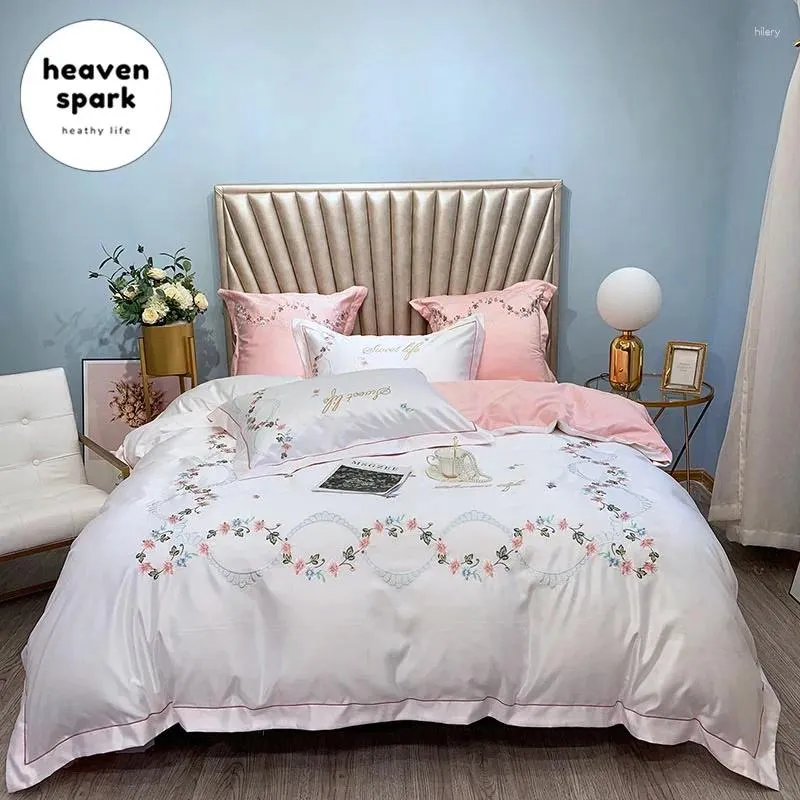 Bedding Sets Luxury 10 Colors Egyptian Cotton & Silk Embroidery Flower Set Duvet Cover Quilt Bed Sheets And Pillowcases Sabanas 4Pcs