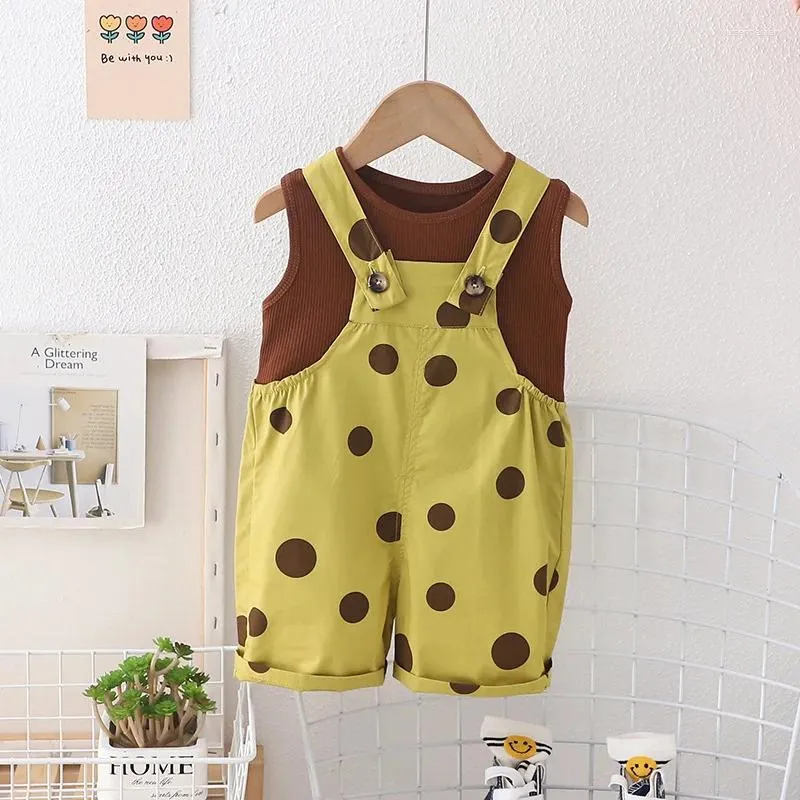 Clothing Sets 2024 Summer Baby Girl Clothes 9 To 12 Months Outfit Korean Solid Color Sleeveless Vest And Polka Dot Overalls Children's