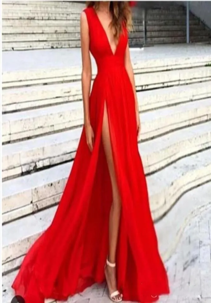 Sexy schlitz rote Abschlussballkleider hoher Oberschenkel geteilte Abendkleider Lange Partykleider Eine Linie Deep v Hals Chiffon Abschlusskleider Maxi DR8521294