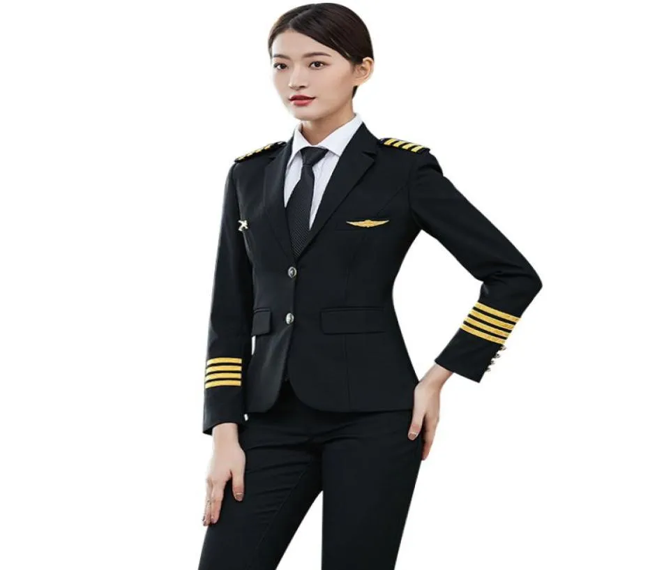 航空会社のユニフォームスーツ女性パイロットキャプテンユニフォームウーマンハットコートパンツエアスエルスマネージャープロフェッショナルクロスイン5103940