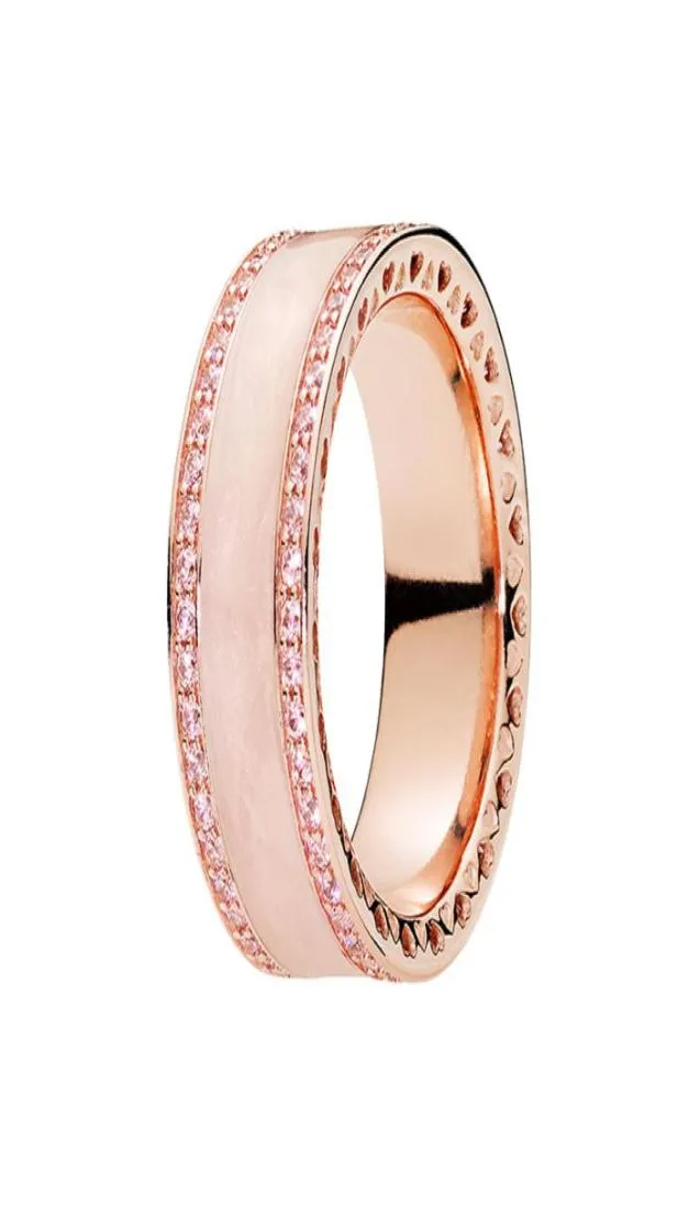 Rose Gold Pink esmalte o coração da faixa do coração Ring Mulher Men 925 Sterling Silver Wedding Jewelry for CZ Diamond Noivage Great Rings com Box8500088 original