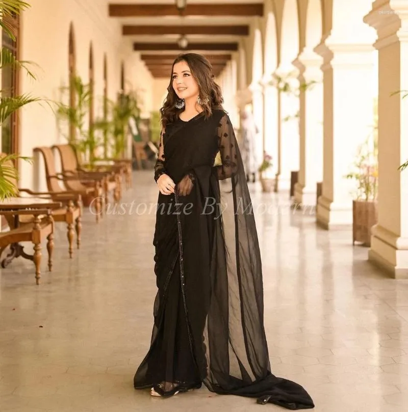 Abiti da festa in chiffon nere maniche lunghe da ballo da ballo ovest di abiti da donna arabo saudita