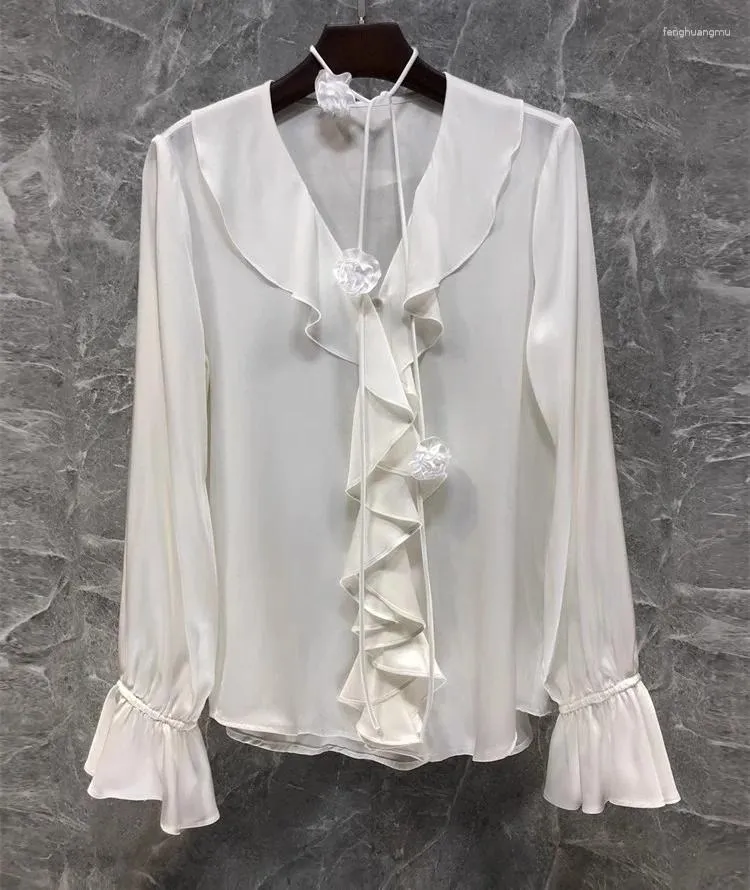 Blusas para mujeres Llegada Seda 2024 Diseñadora de verano de primavera Mujeres V-Conco V Deco Manga de bengala Topas blancas blancas elegantes