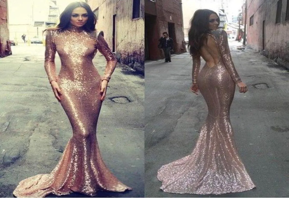 Michael Costello Sequin Balo Elbiseleri Açık 2016 Artı Beden Altın Balo Elbiseleri Uzun Kollu Denizkızı Parti Formal Gowns Mezuniyeti6814854