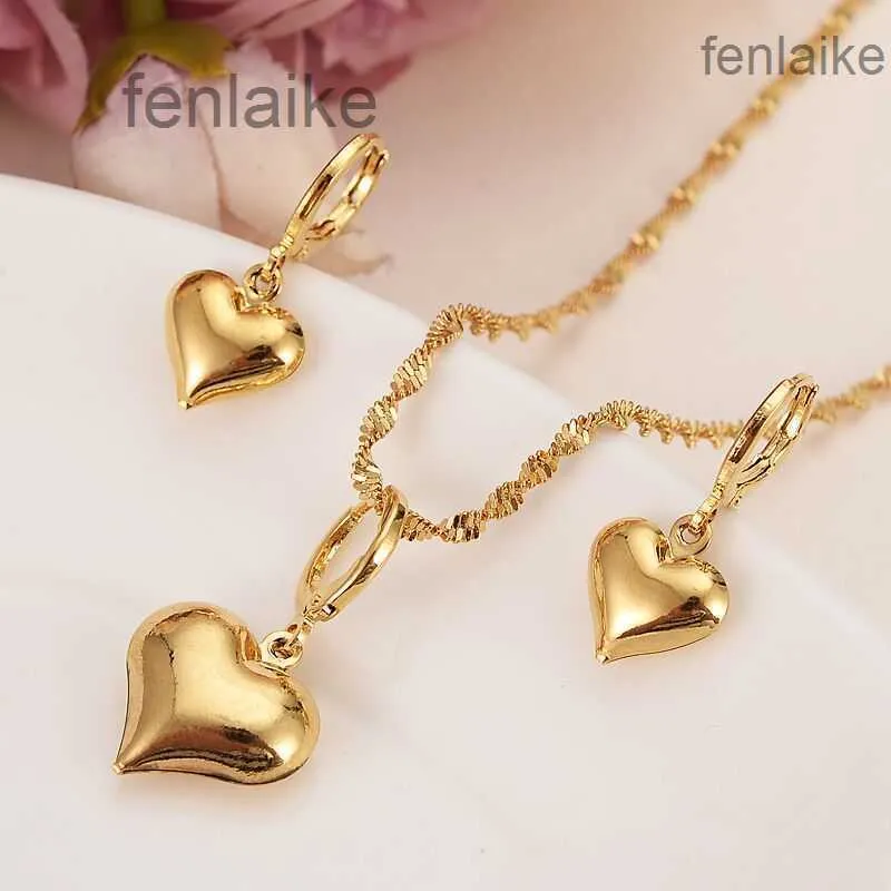 24 K Geelse vaste goud gevuld mooie hart hanger kettingen oorbellen vrouwen meisjes feest sieraden sets geschenken diy charmes