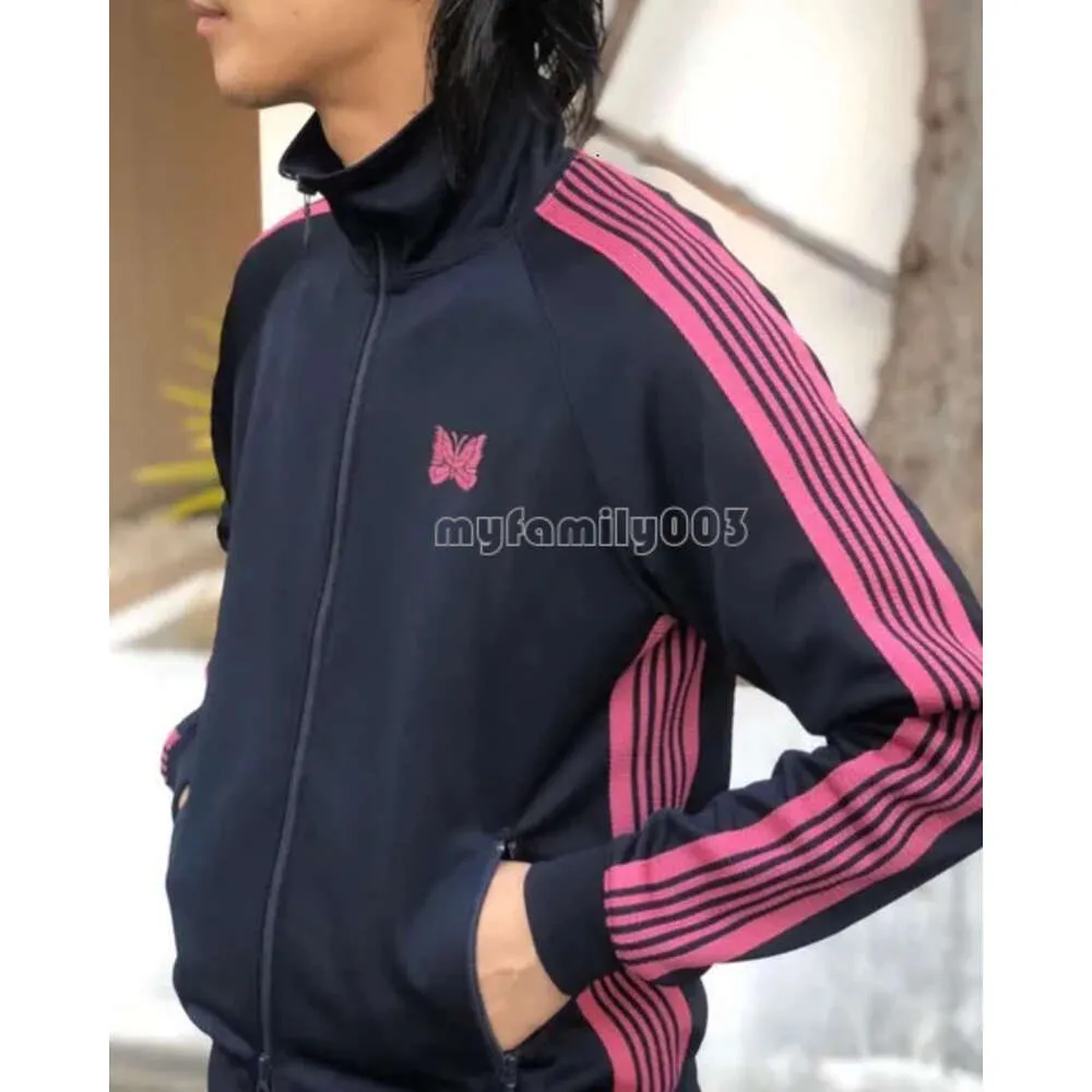 New Men's Jackets NEEDLES Track Zipper Jacket Butterfly Embroidery Pink Ribbon Striped Classical AWGE High Street Japan Style Coats Butterfly Jacket 99