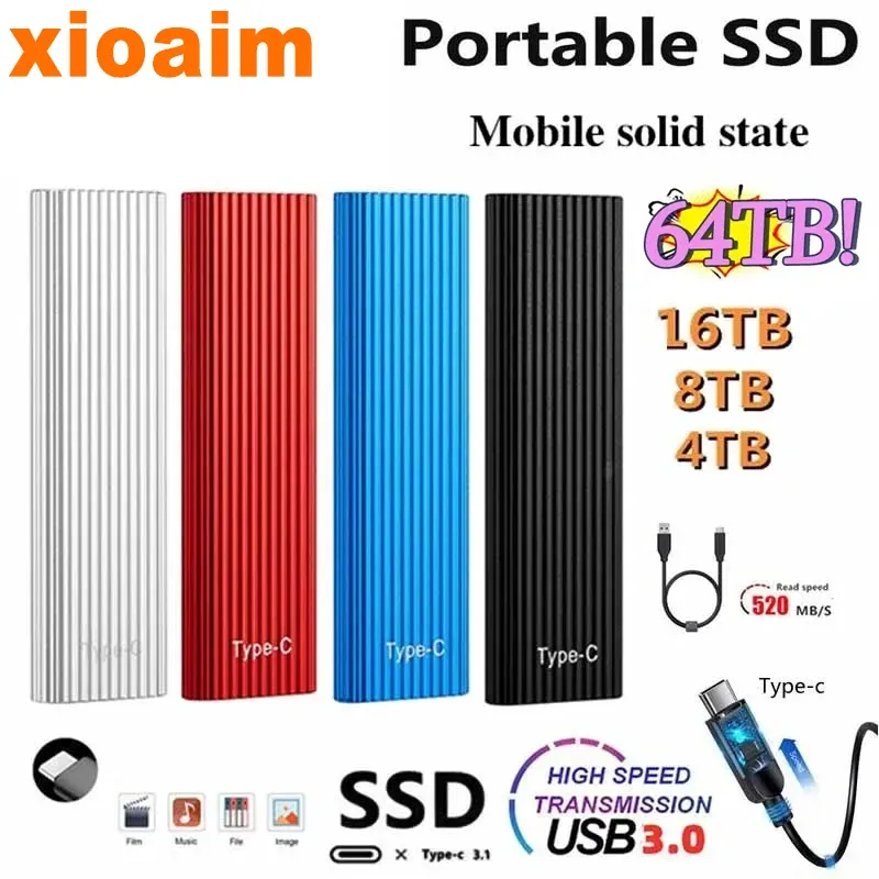 Scatole per Xiaomi SSD portatile Originale High Stiro Hard Drive a stato solido ad alta velocità 16TB Interfaccia USB 3.1 Mobile per laptop/Phones/PS5