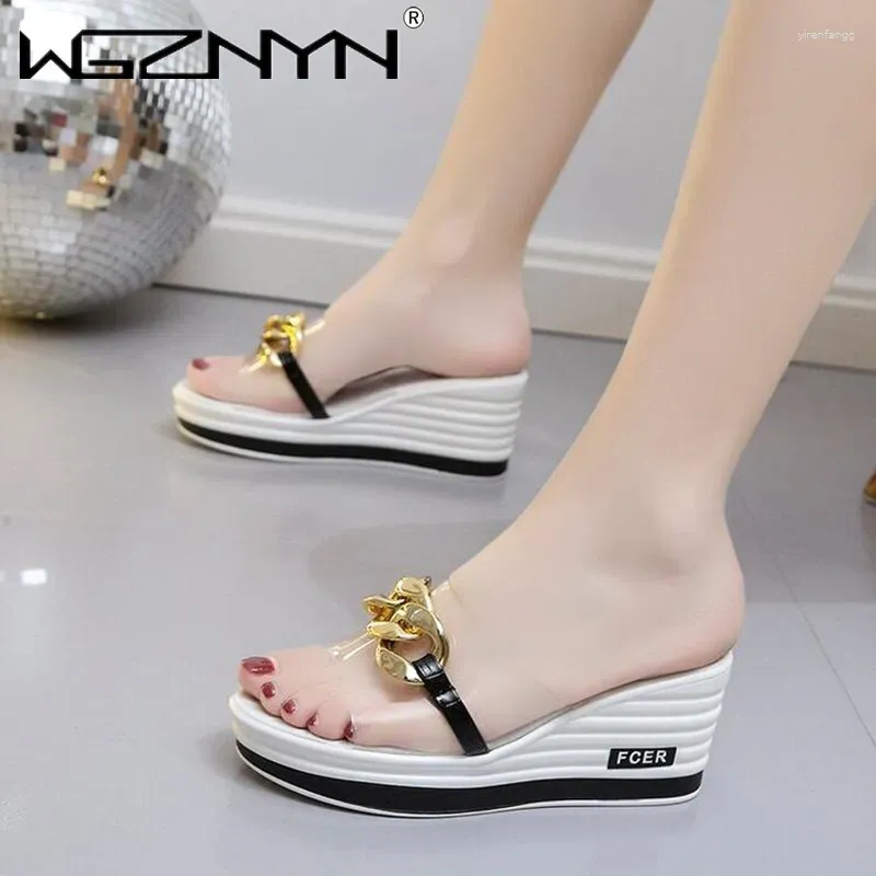 Pantofole 2024 Women Chain Wedges Slipper Summer Fashion Slide Teli alti abiti sportivi trasparenti sandali femmini