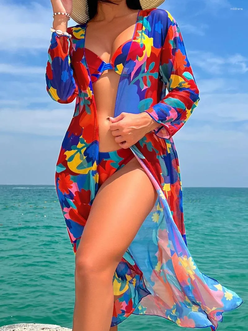 Women's Swimwear 3 Pieces Push Up Ring Link Bikini 2024 Women & Kimono Printed Swimsuit Sexy Female Bathing Swimming Swim Suit