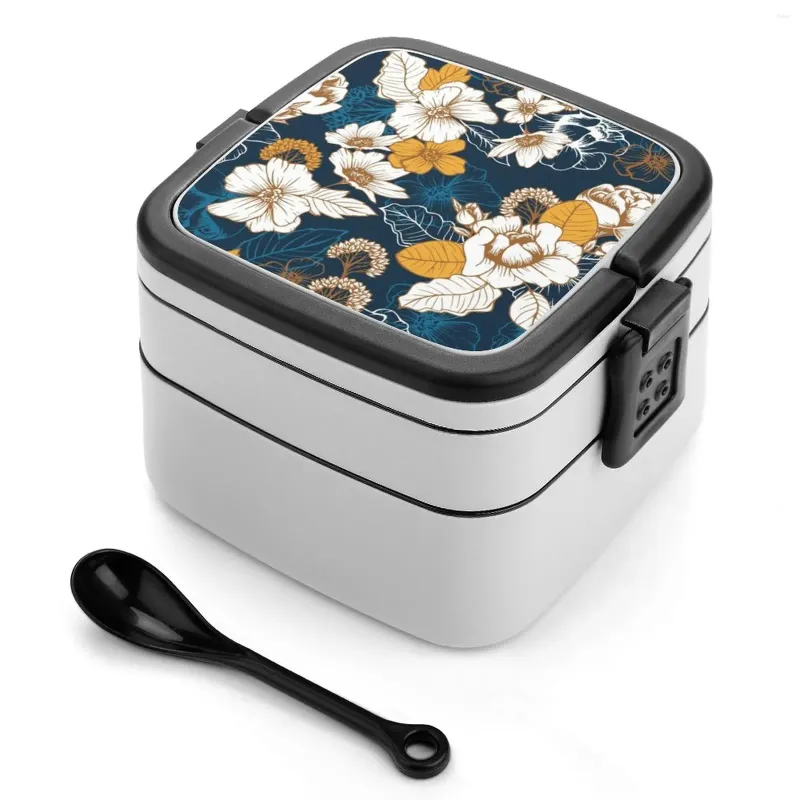 Dinnerware Navy And Gold Peony Blossom Seamless Pattern Double Layer Bento Box Portable Lunch For Kids School Blue Teal