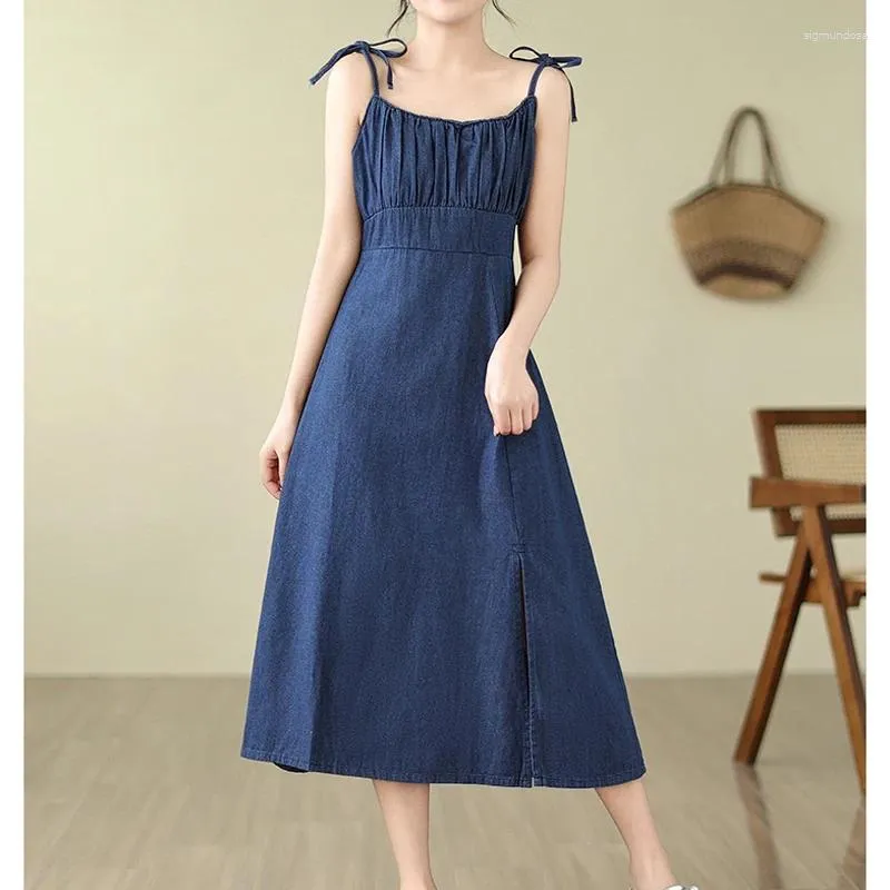 Casual Dresses Denim Long Sling For Women Spring Summer Female O Neck Sleeveless Large Size 4XL A Line Elegant Blue Pleated Split Robe