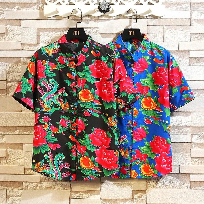 Men's Casual Shirts National Style Retro Button-up Shirt Stand-up Collar Short-sleeved Floral Northeast Big Flower 2024 Summer