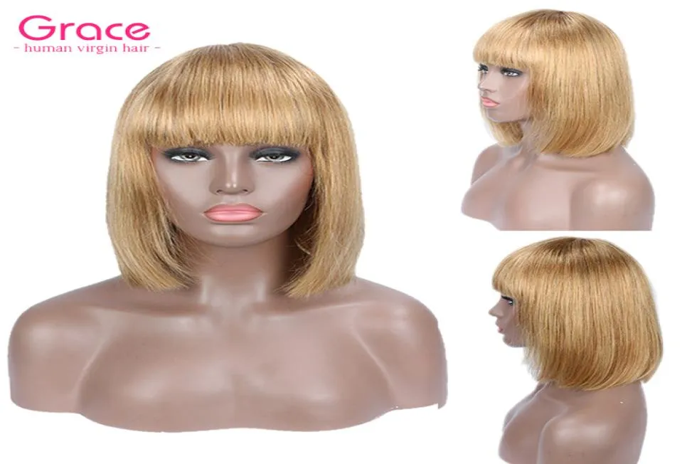 27 Krótki ludzki fryzura Pixie Cut Peruvian Remy proste peruki bob z grzywką dla czarnych kobiet miód blondynka bez koronki Front2248852