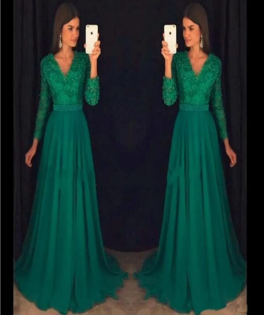 Vintage smaragdgroene chiffon avondjurken met lange mouw sexy v nek prom jurk kralen avondkleding formele feestjurk vestId8290132