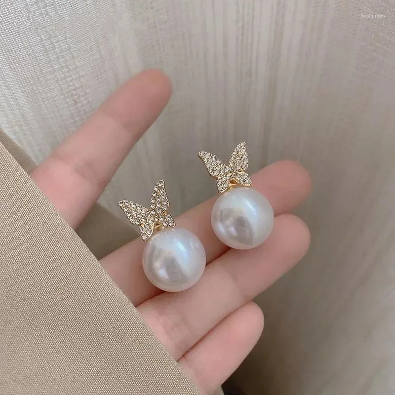 Stud Earrings White Big Imitation Pearl Butterfly Earring For Women Korean Full Crystal Rhinestone Jewelry Wedding Friend Christmas Gift
