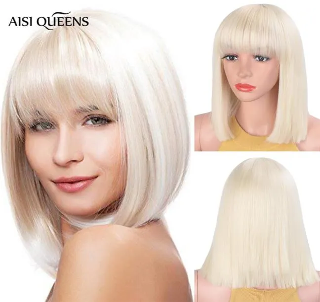 Aisi Queens Synthetic Wigs with Bangs Straight Blonde Short Natural Bob wig for Black White Women High Temperature Fiber6611212