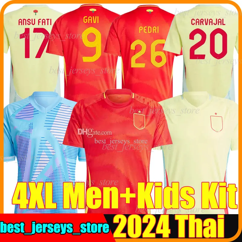 4xl 2024 Spanien Pedri Soccer Jerseys 24/25 Espana Ansu Fati Asensio Morata Ferran Gavi Rodrigo Olmo Fran Garcia 2025 Football Shirts Men Kids Kits Set Uniforms