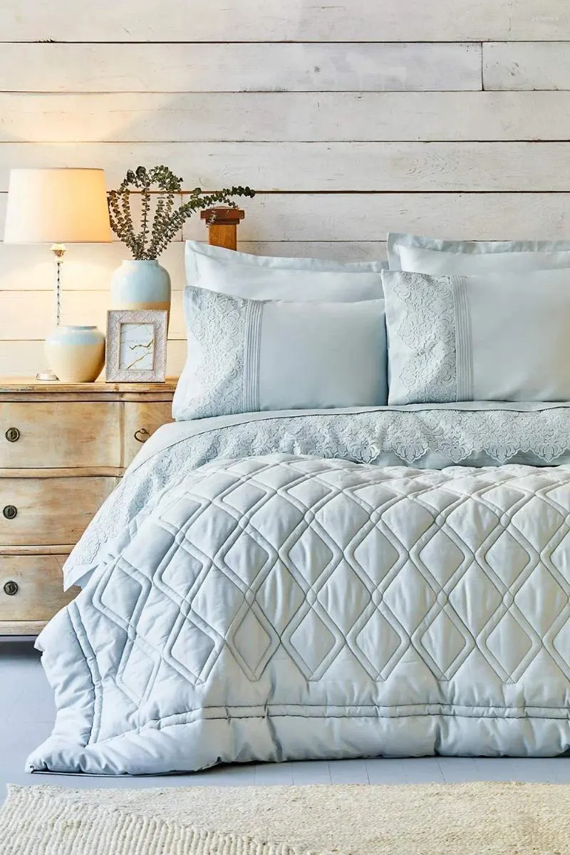 Bedding Sets Karaca Home Carissa Blue Satin Double 7 Piece Sleeping Set-Duvet Cover: Cotton Lace Quilt Protector: