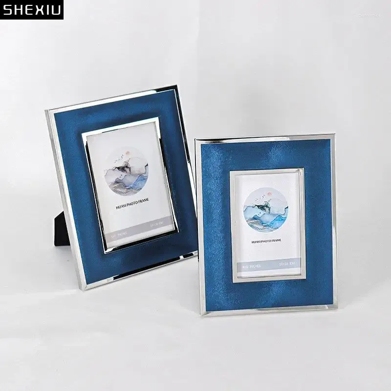 Frames Creative Blue Leather PO Frame Livre de comptoir décoration Rectangular Metal Wedding Family Home