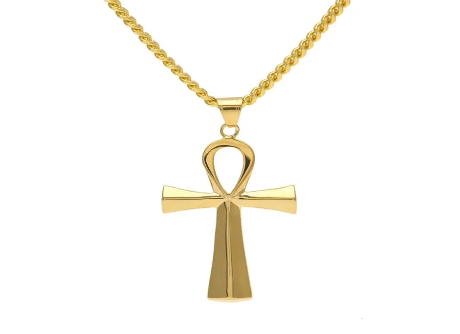Nuevo collar de acero inoxidable Ankh Joya egipcia Hip Hop Colgante de oro Hecho Gold Key to Life Egipto Collar 24 "Cadena7195376