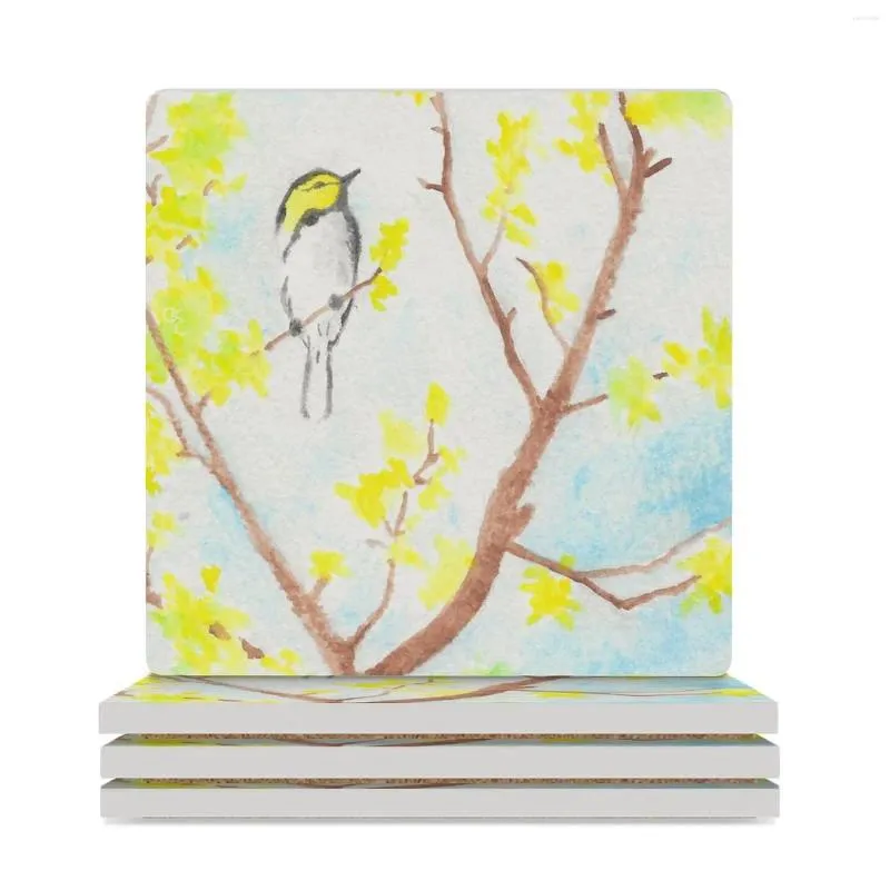 Table Mats Golden-Cheeked Warbler Ceramic Coasters (Square) Cup Set Cute Plate