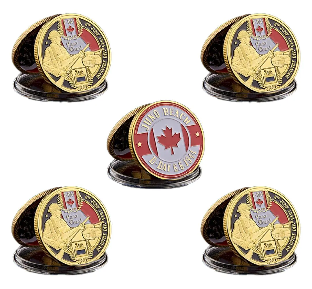 5pcs DDay Normandy Juno Beach Military Craft Canadian 2rd Infantry Division Gold Plated Memorial Challenge Coin Collectibles8129941