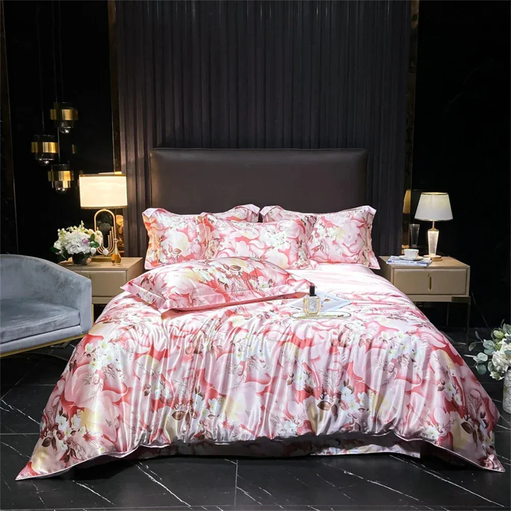 Luxury Natural Silky Bedbling Set Single Double Queen King Size Printing Quilt Cover Set Silk Satin Däcke Cover Set Bedroom Decor 240403