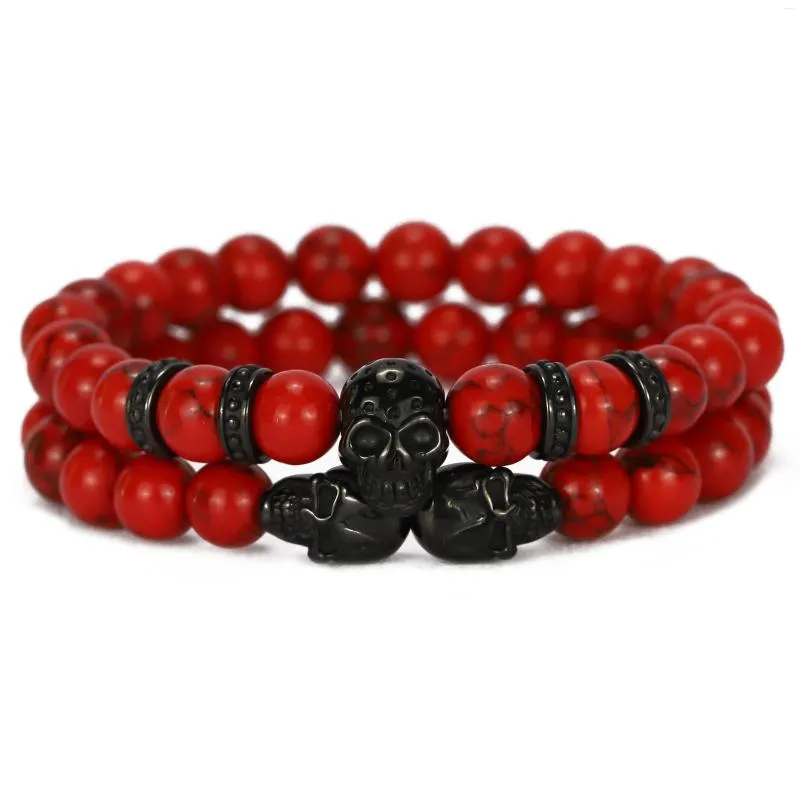 Charm Bracelets Artificial Red Line Natural Stone Beads Luxury Stainless Steel Skull Charms Men Bracelet For Bangles Jewelry