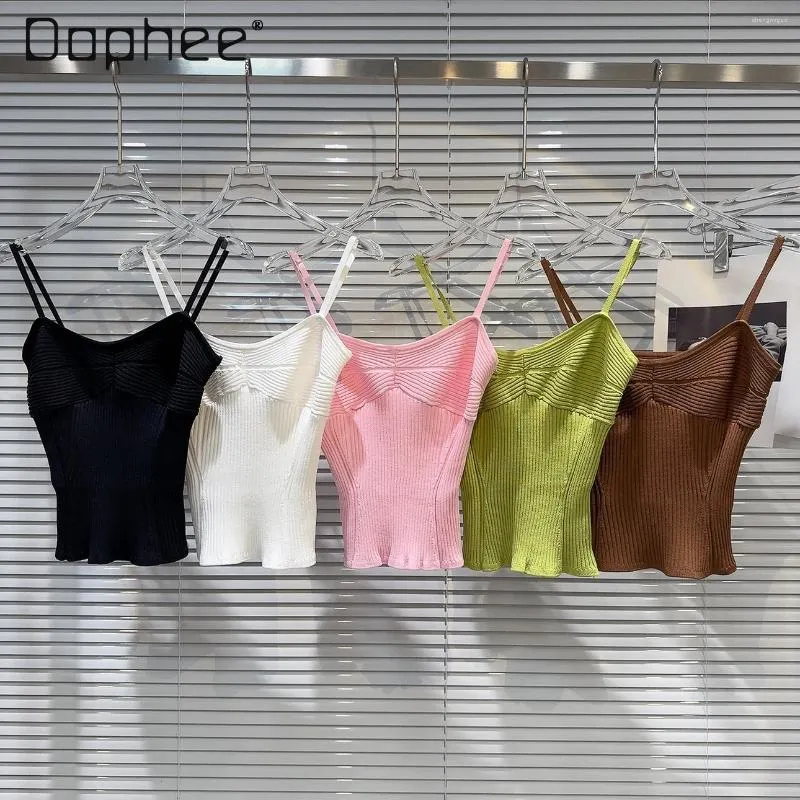 Women's Tanks Sweet Girl Sling Camisole Top 2024 Summer Multi-Color Thread Fitted Knitted Underwear Spaghetti-Strap Tank Tops Women