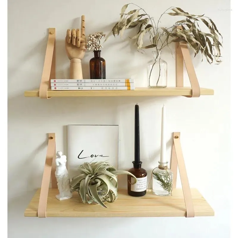 Dekorativa plattor premium trä hyllor pu remsa hängande väggmonterad växt blomkruka inomhus små föremål brädor förvaringsställ